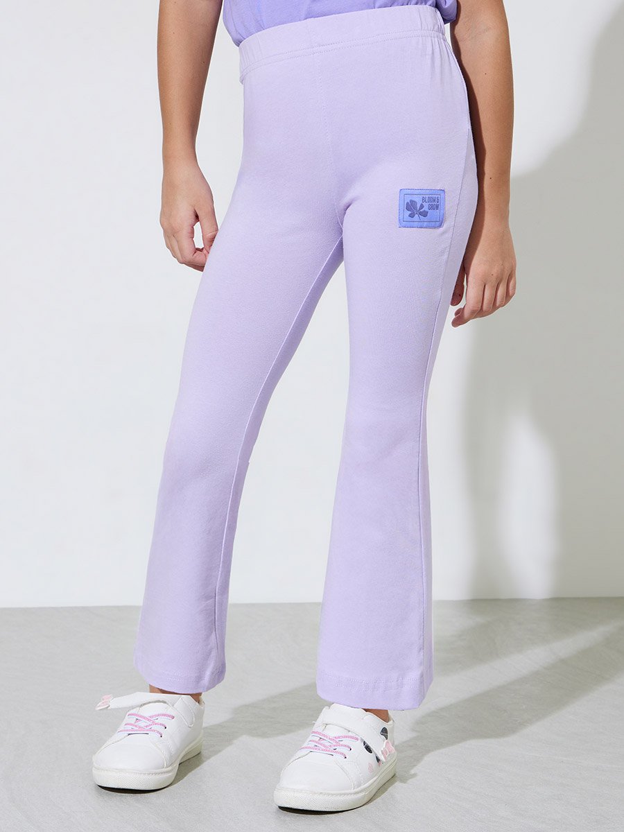 Girls Lilac Solid Full Length Fit and Flare Leggings With Patchwork Detail