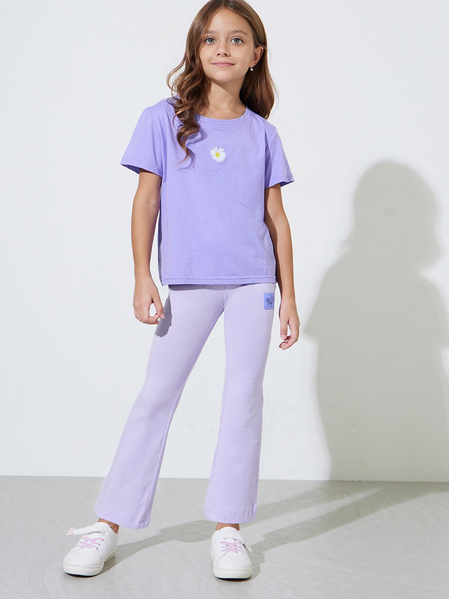 Girls Lilac Solid Full Length Fit and Flare Leggings With Patchwork Detail