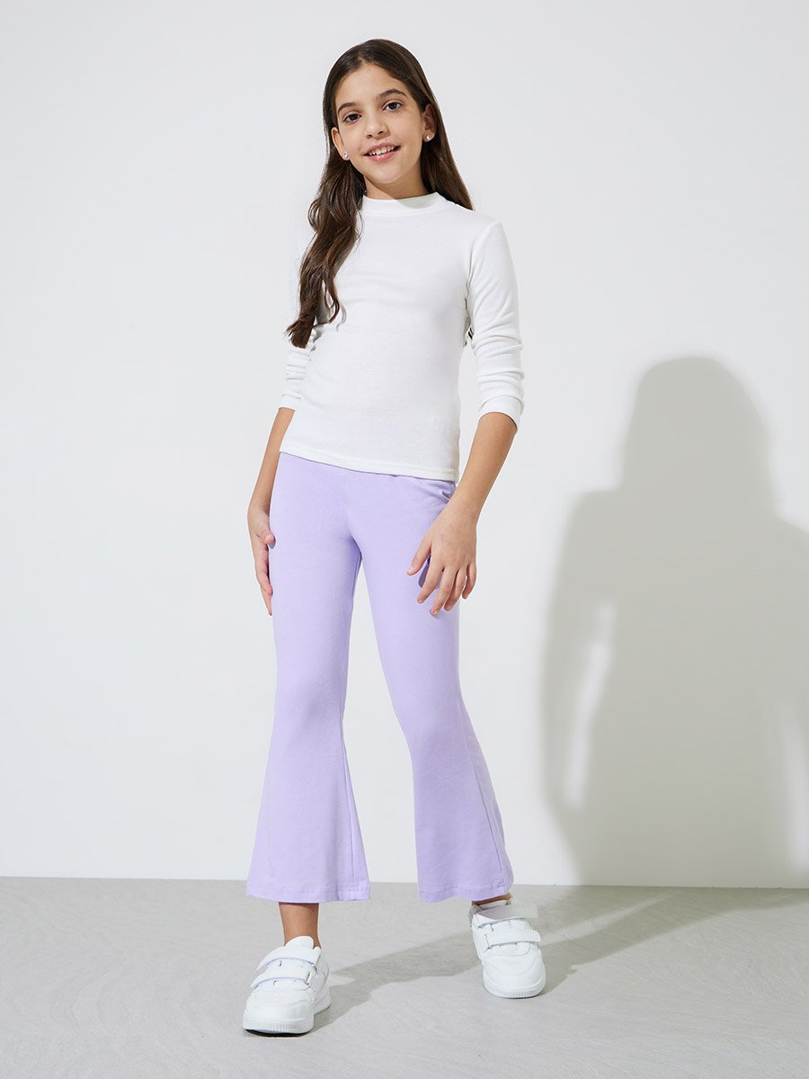 Teen Girls Purple Solid Patchwork Details Flared Leggings