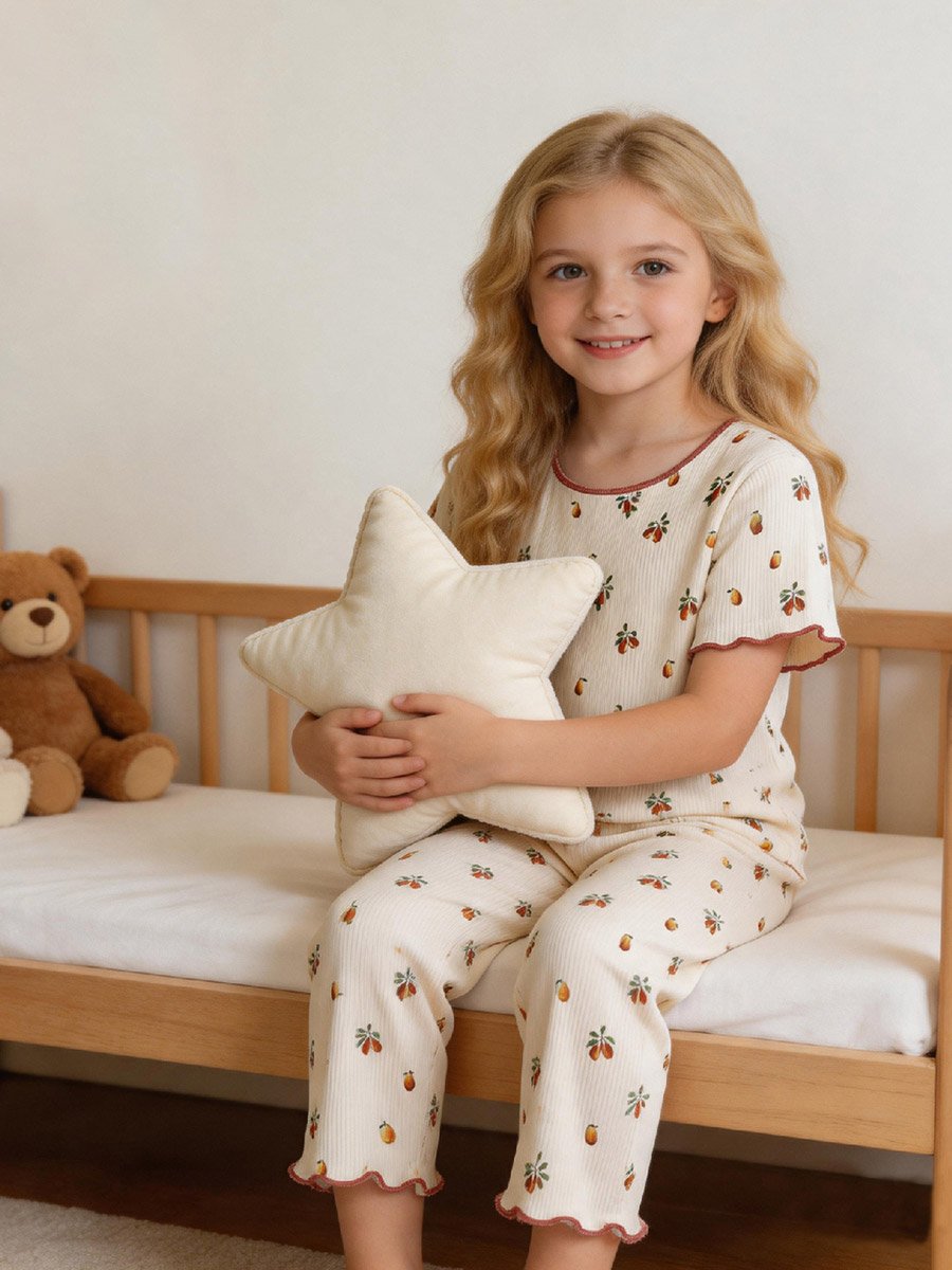 Girls Pear Print Ribbed T-Shirt and Pyjama Set