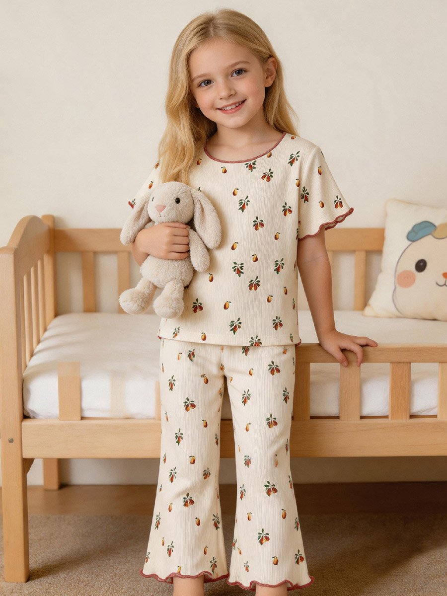 Girls Pear Print Ribbed T-Shirt and Pyjama Set