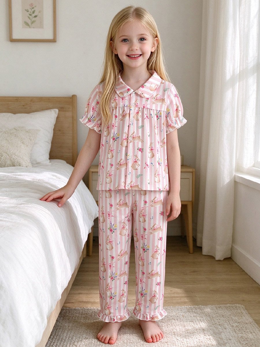 Girls Pink Striped Shirt and Pyjama Set