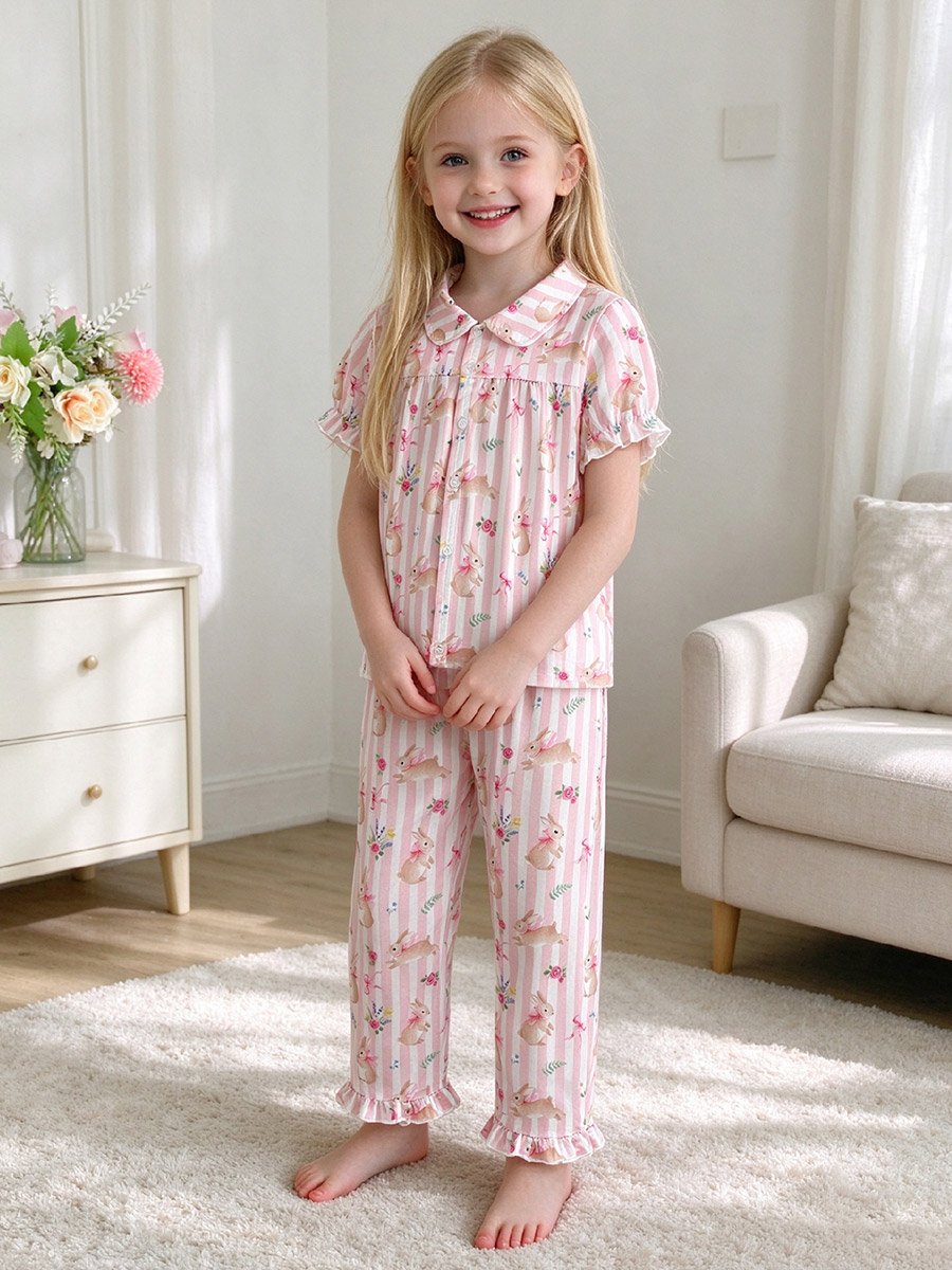 Girls Pink Striped Shirt and Pyjama Set
