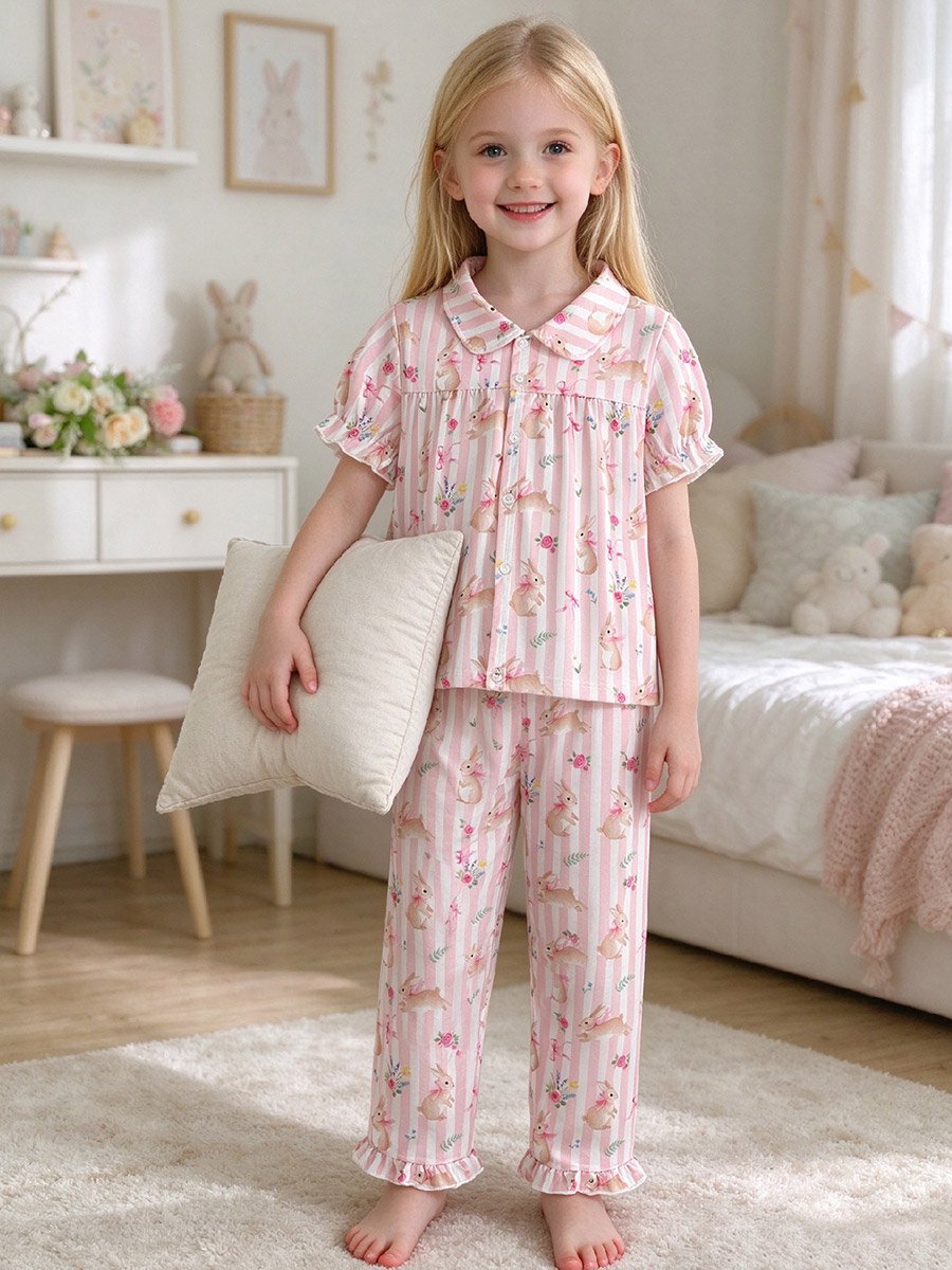 Girls Pink Striped Shirt and Pyjama Set