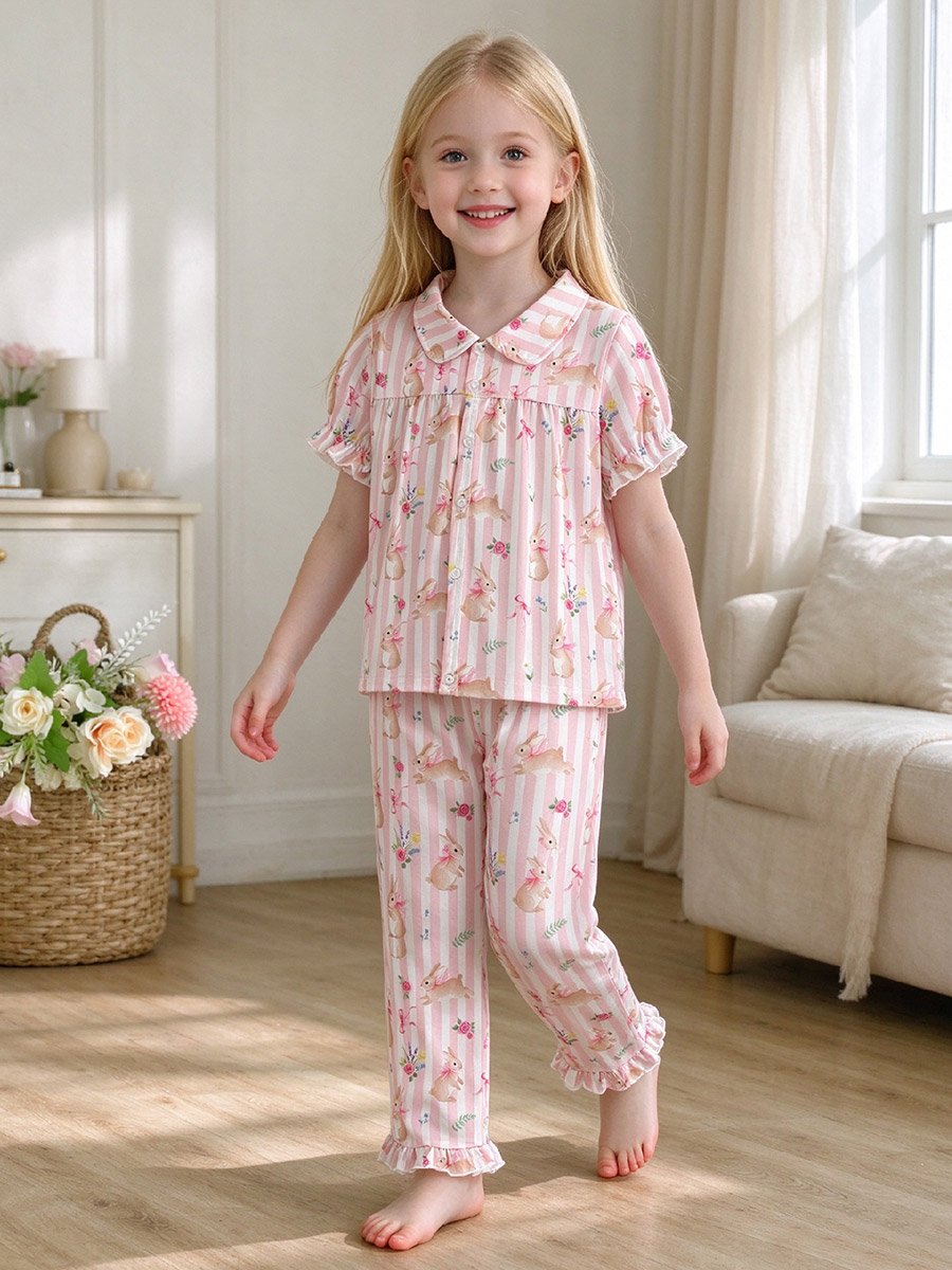 Girls Pink Striped Shirt and Pyjama Set
