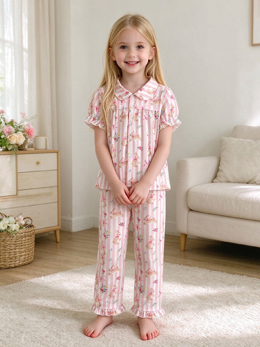 Girls Pink Striped Shirt and Pyjama Set
