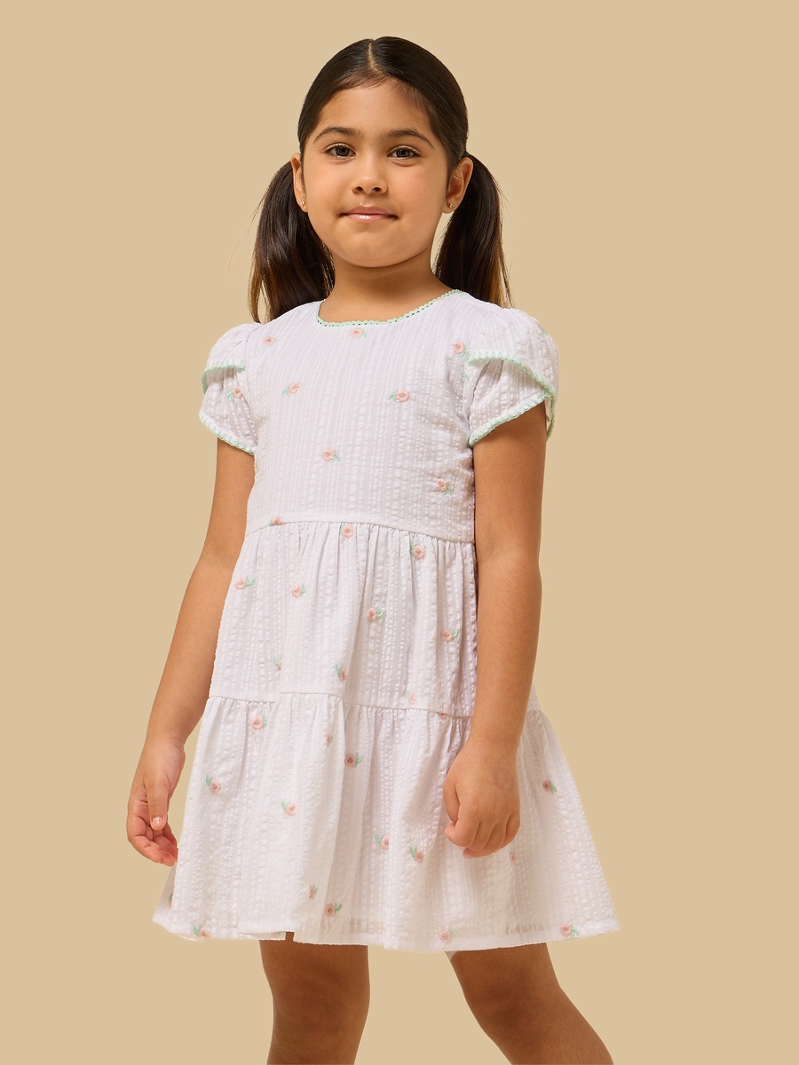 Floral Embroidered Tiered Puff Sleeves Dress