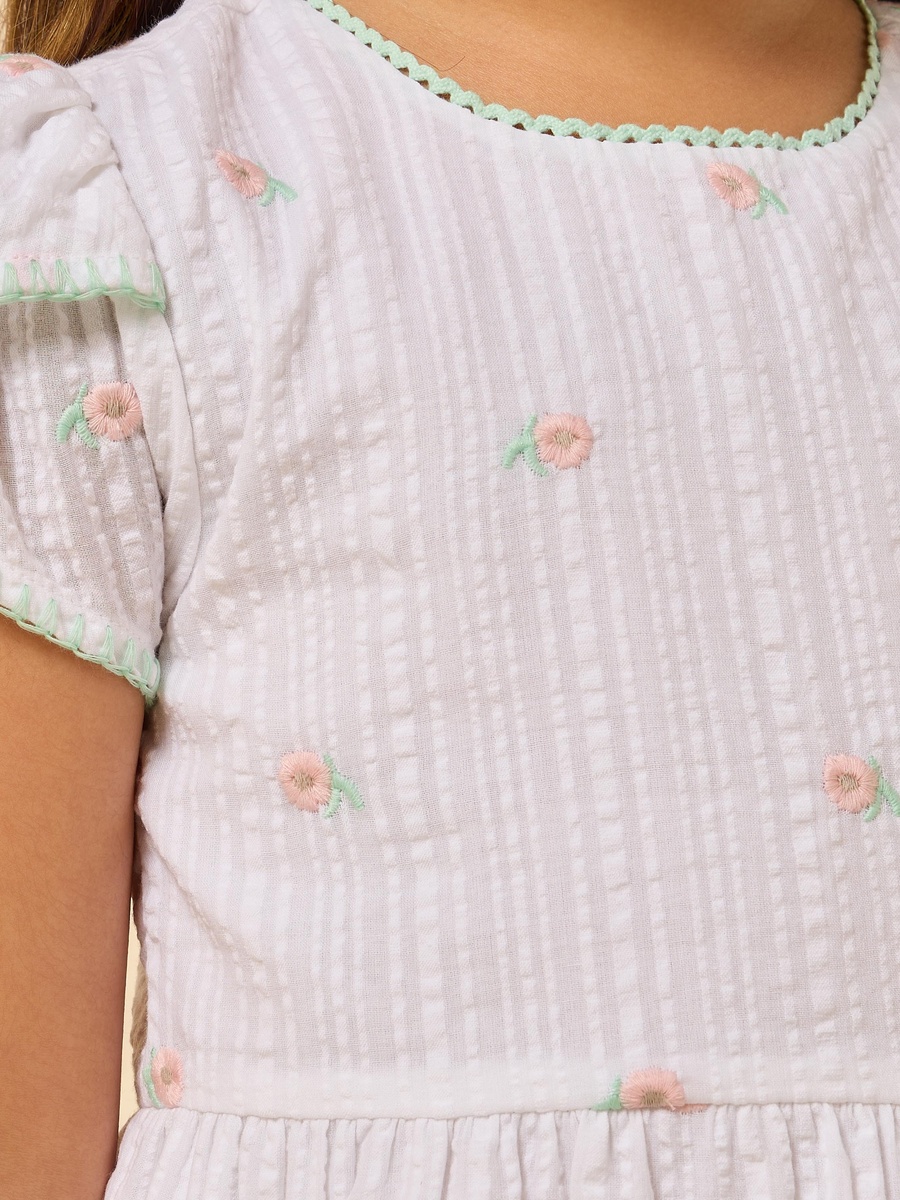 Floral Embroidered Tiered Puff Sleeves Dress
