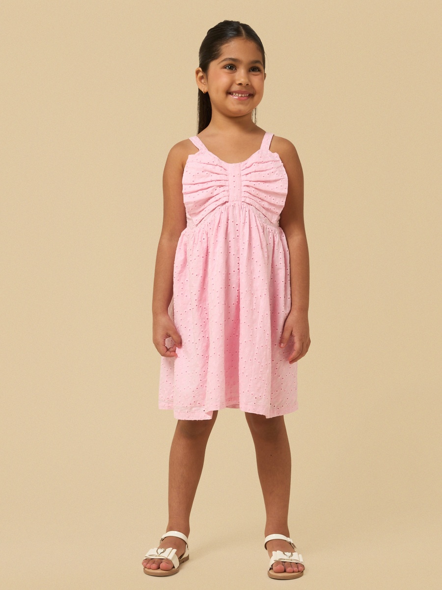 Schiffli Detail Sleeveless Cotton Fit and Flare Dress with Bow Accent