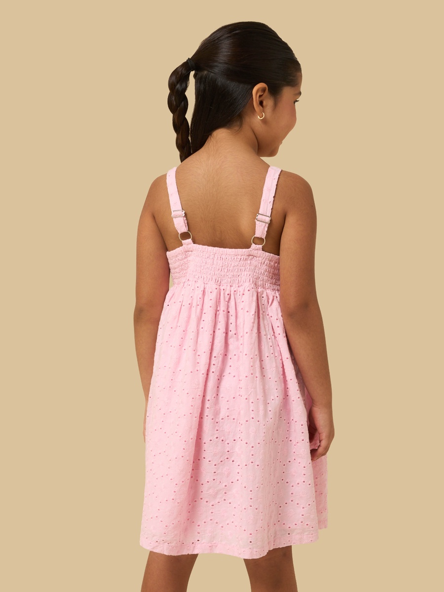 Schiffli Detail Sleeveless Cotton Fit and Flare Dress with Bow Accent