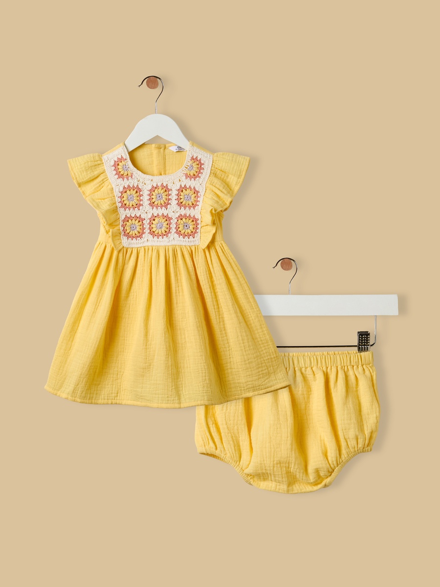 Crochet Detail Double Gauze Dress with Bloomers