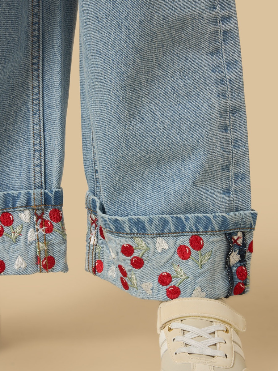 Cherry Embroidered Straight Fit Jeans
