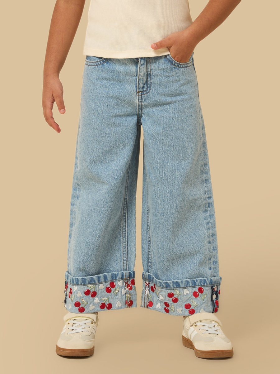 Cherry Embroidered Straight Fit Jeans