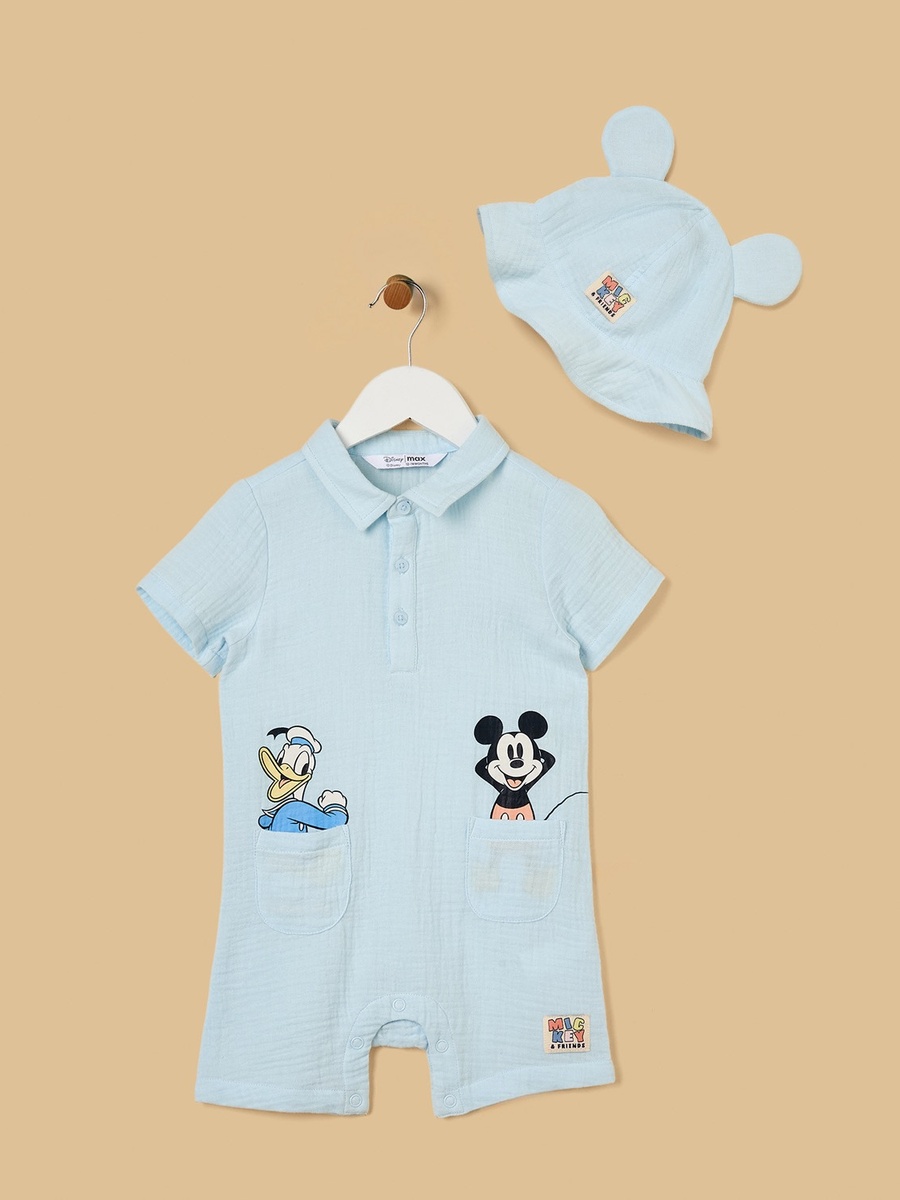 Mickey Mouse and Donald Duck Print Cotton Romper with Hat