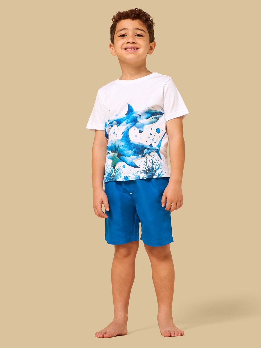 Shark Print Cotton T-Shirt and Shorts Swim Set