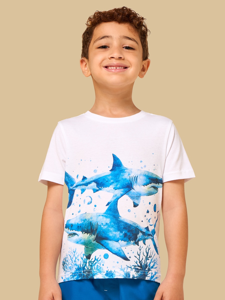 Shark Print Cotton T-Shirt and Shorts Swim Set