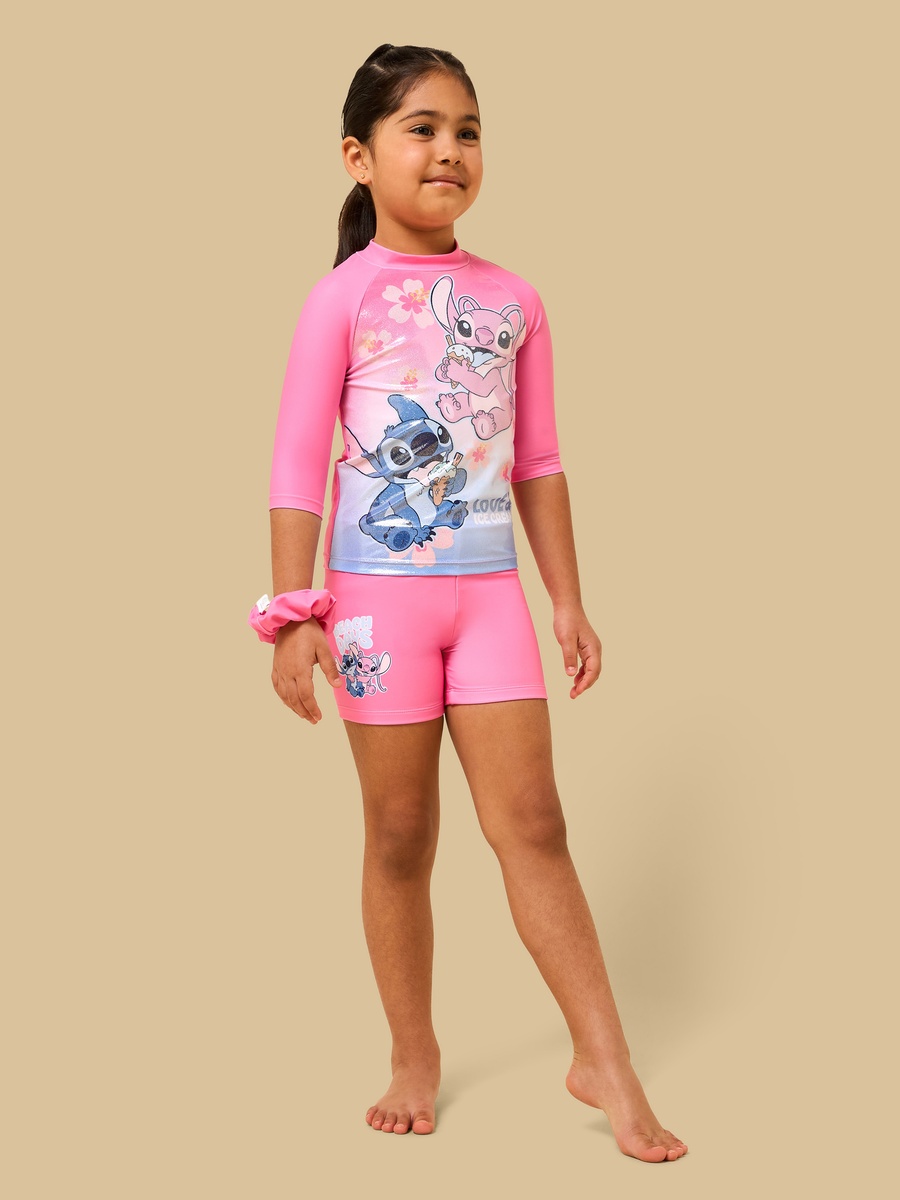Stitch and Angel Print Rash Guard and Swim Shorts Set