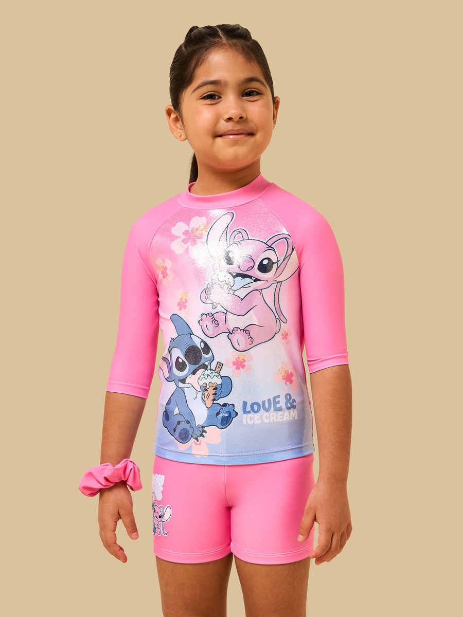 Stitch and Angel Print Rash Guard and Swim Shorts Set