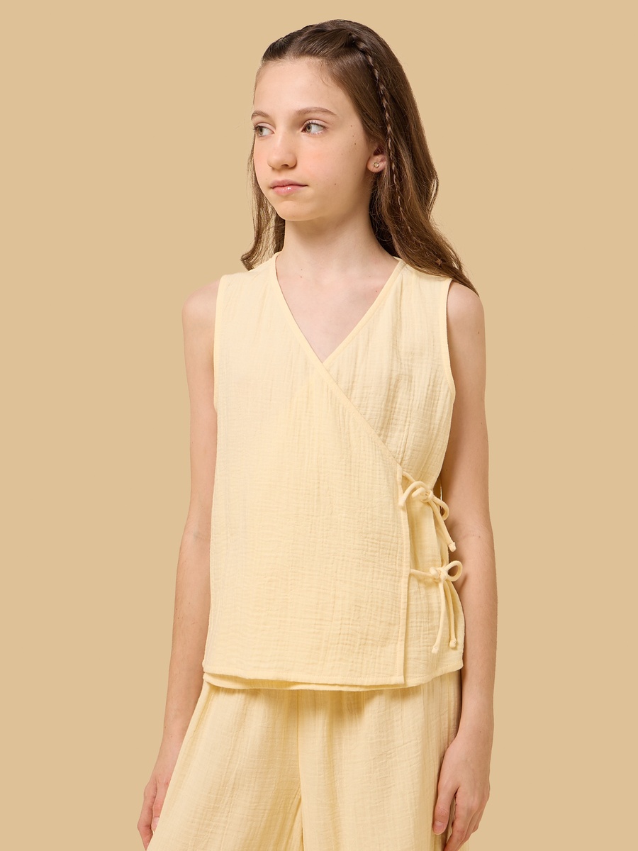 Tie-Up Detail Sleeveless Cotton Wrap Top