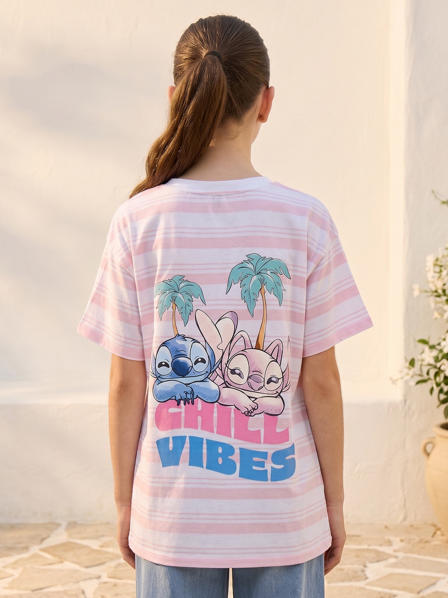 Stitch Print Striped Oversized Cotton T-Shirt