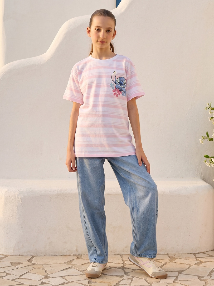 Stitch Print Striped Oversized Cotton T-Shirt