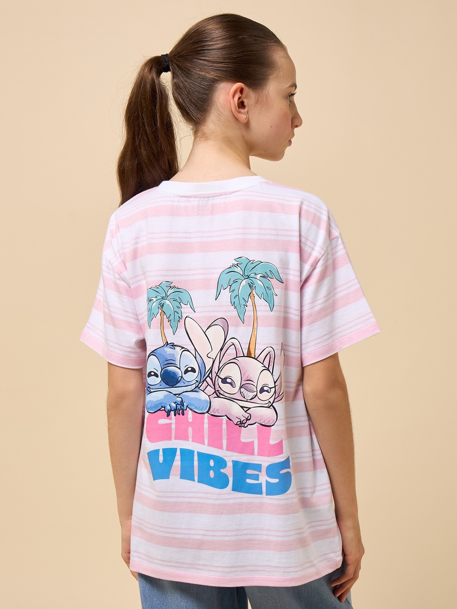 Stitch Print Striped Oversized Cotton T-Shirt