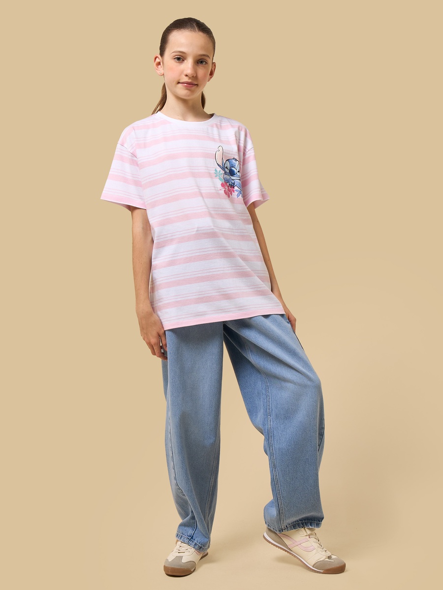 Stitch Print Striped Oversized Cotton T-Shirt
