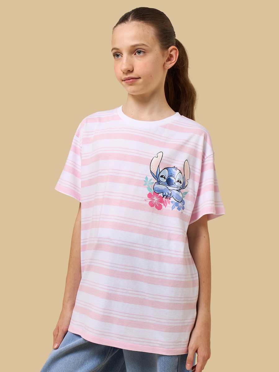 Stitch Print Striped Oversized Cotton T-Shirt