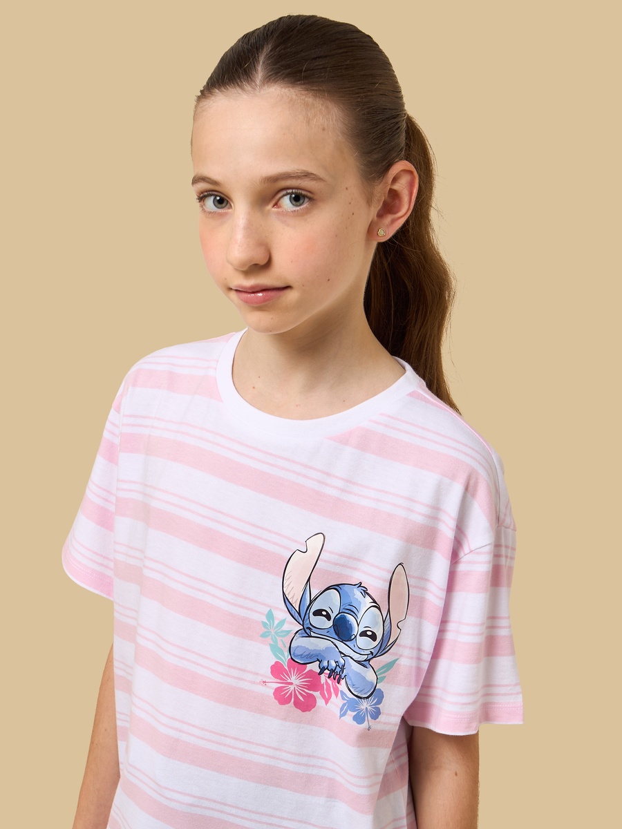 Stitch Print Striped Oversized Cotton T-Shirt