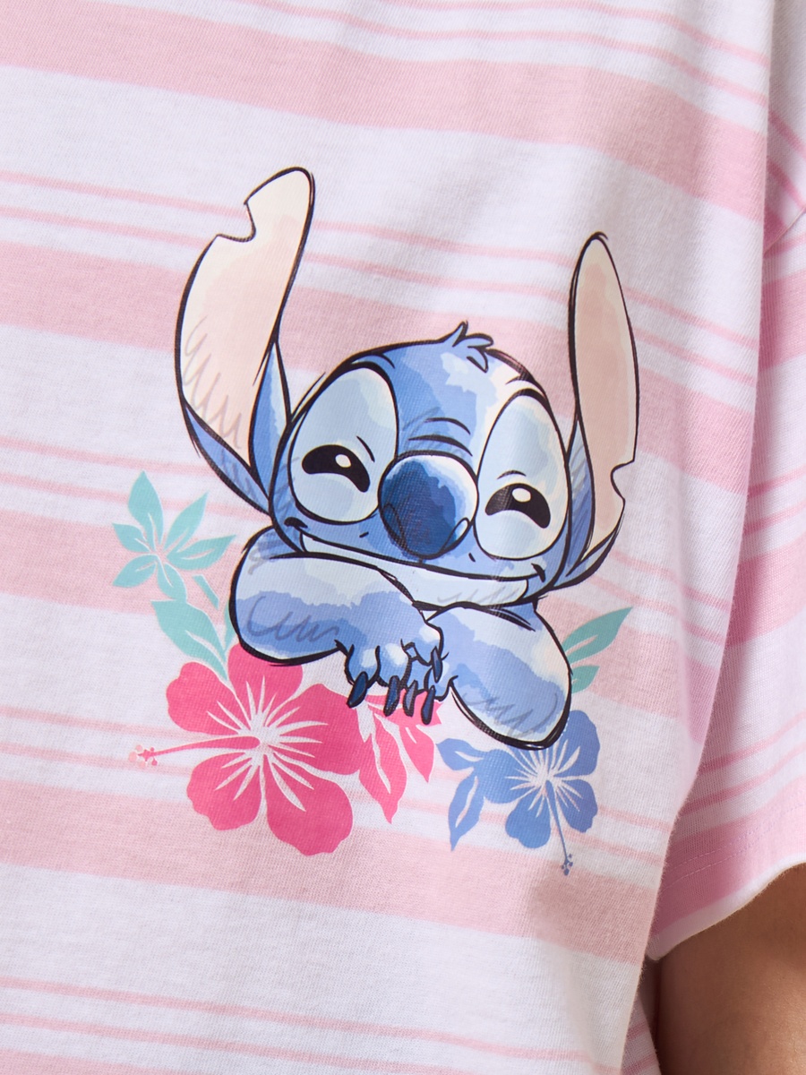 Stitch Print Striped Oversized Cotton T-Shirt