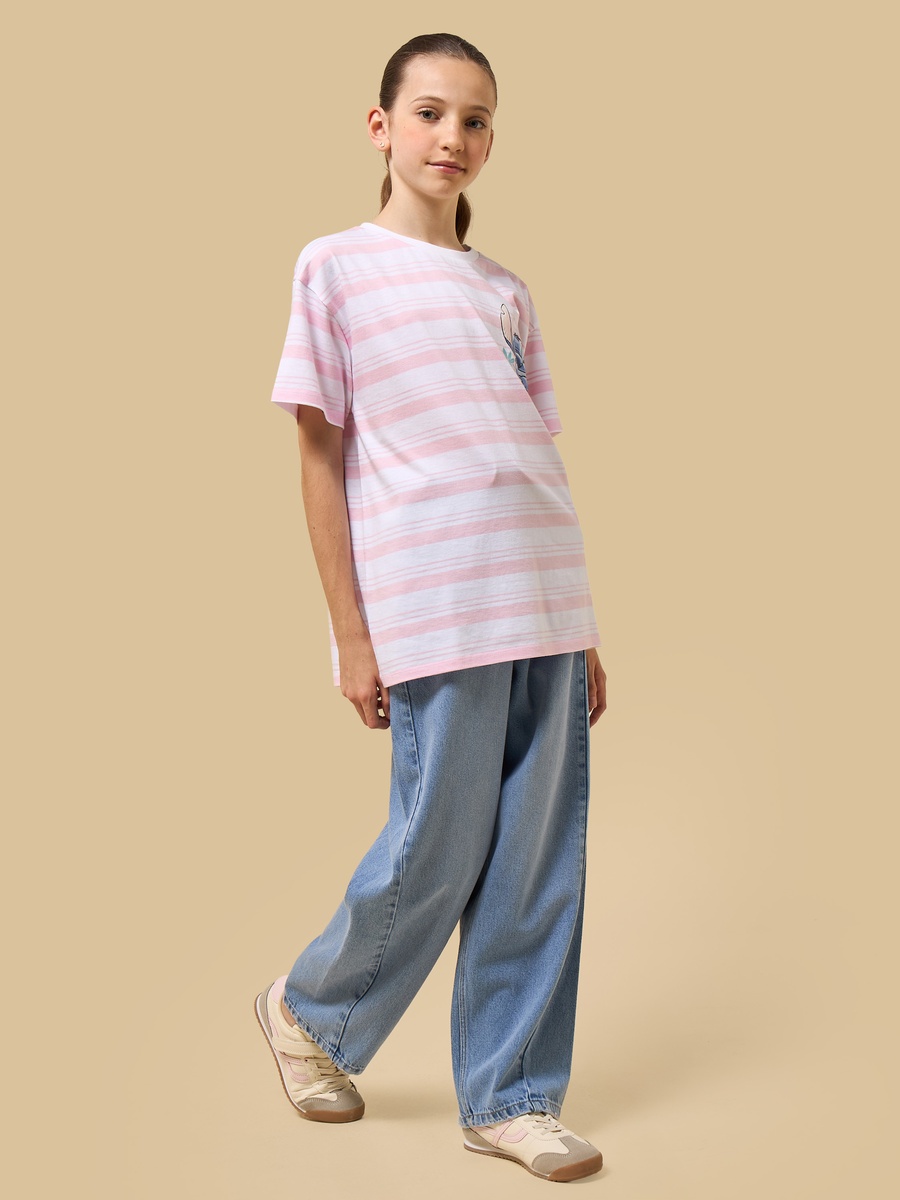 Stitch Print Striped Oversized Cotton T-Shirt