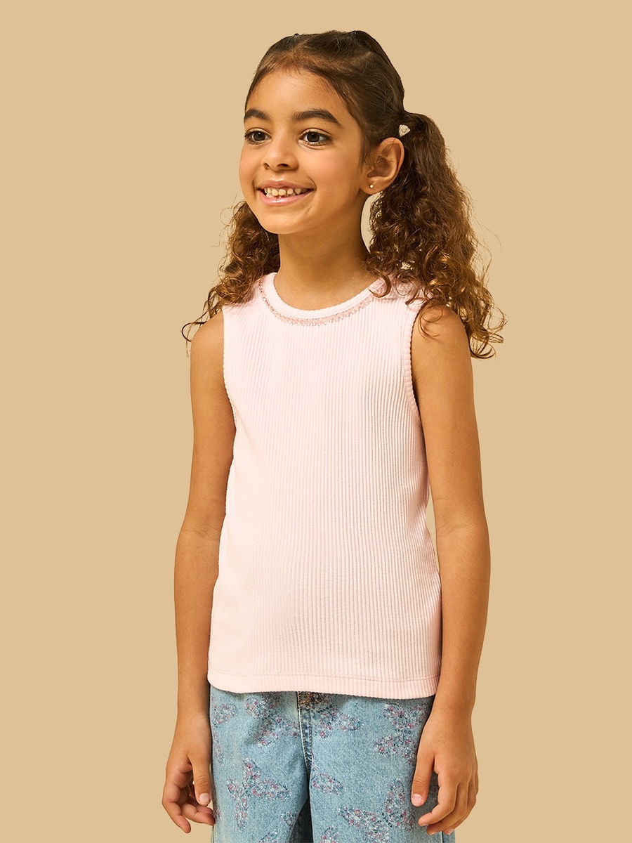 Embellished Neck Ribbed Cotton Sleeveless T-Shirt