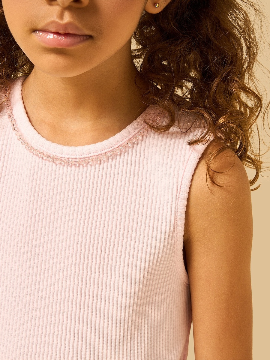 Embellished Neck Ribbed Cotton Sleeveless T-Shirt