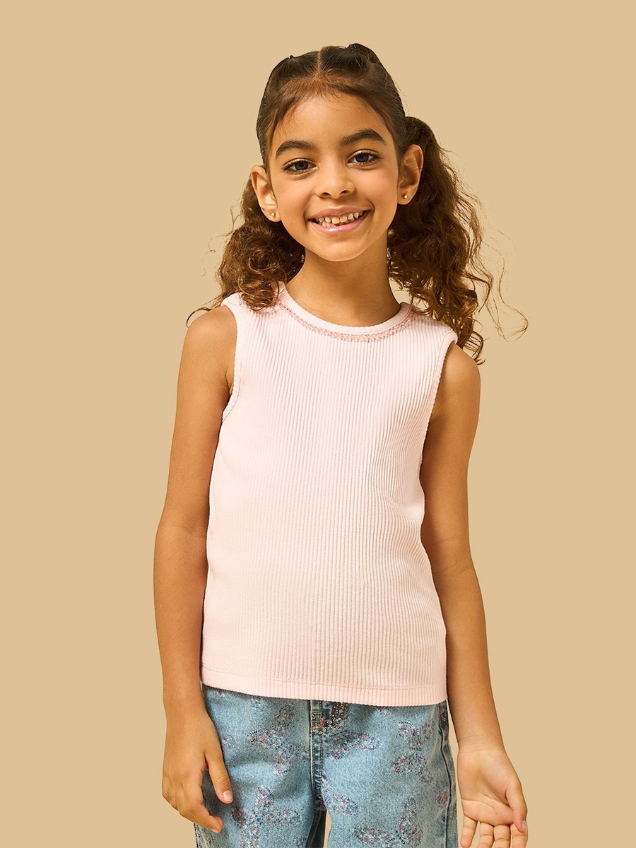 Embellished Neck Ribbed Cotton Sleeveless T-Shirt