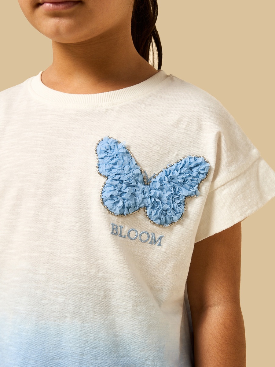 Ombre Embellished Extended Sleeves Cotton T-Shirt