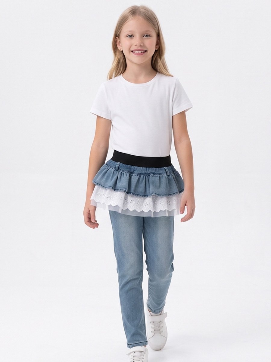 Girls Ruffled Skirted Jeans with Lace Trim