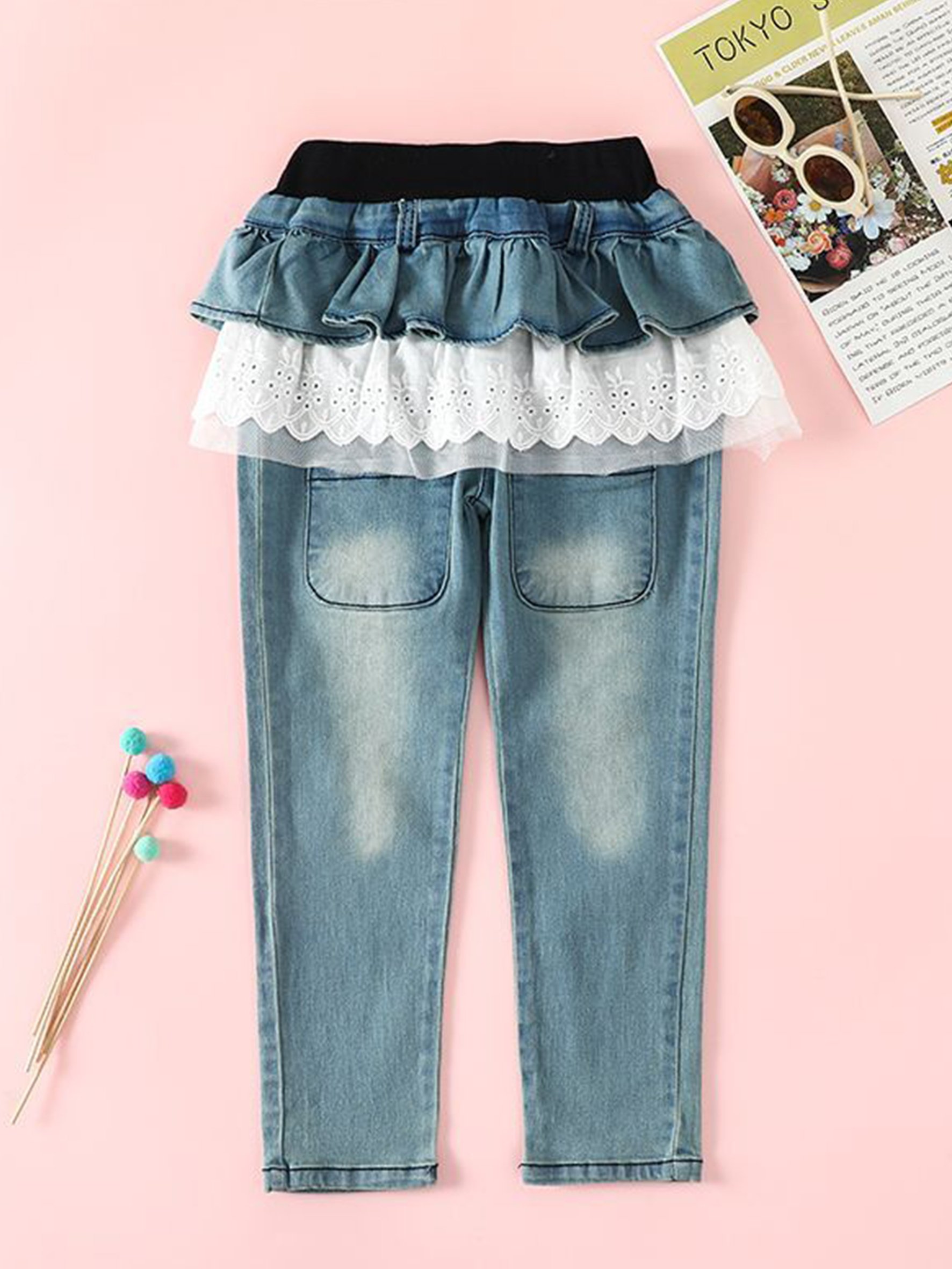 Girls Ruffled Skirted Jeans with Lace Trim
