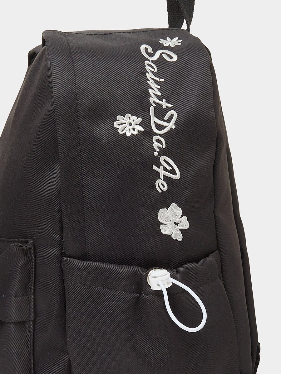 Girls Black Casual Backpack with Embroidery