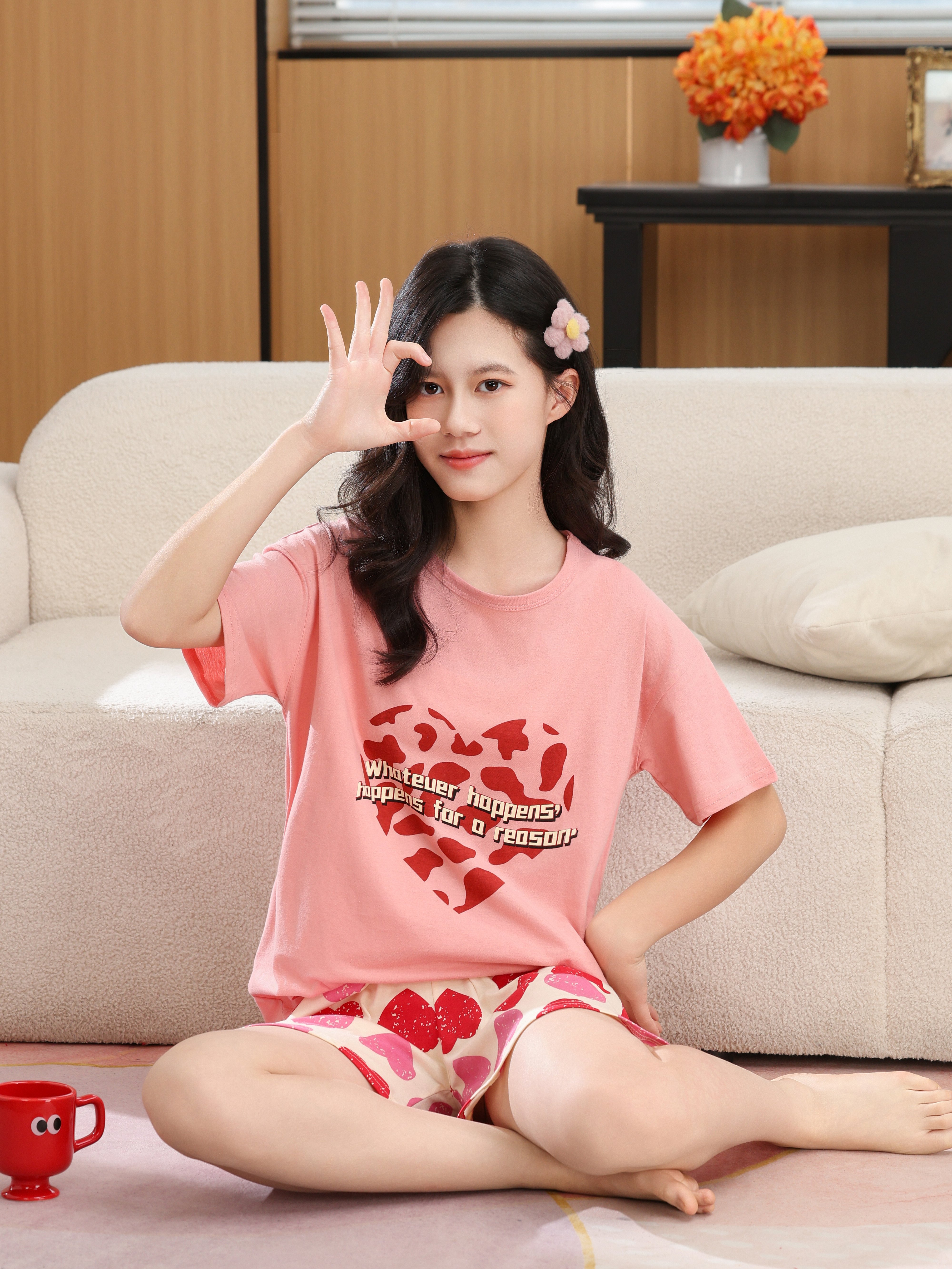 Girls Cotton Heart Print Short Sleeve Pajama Set