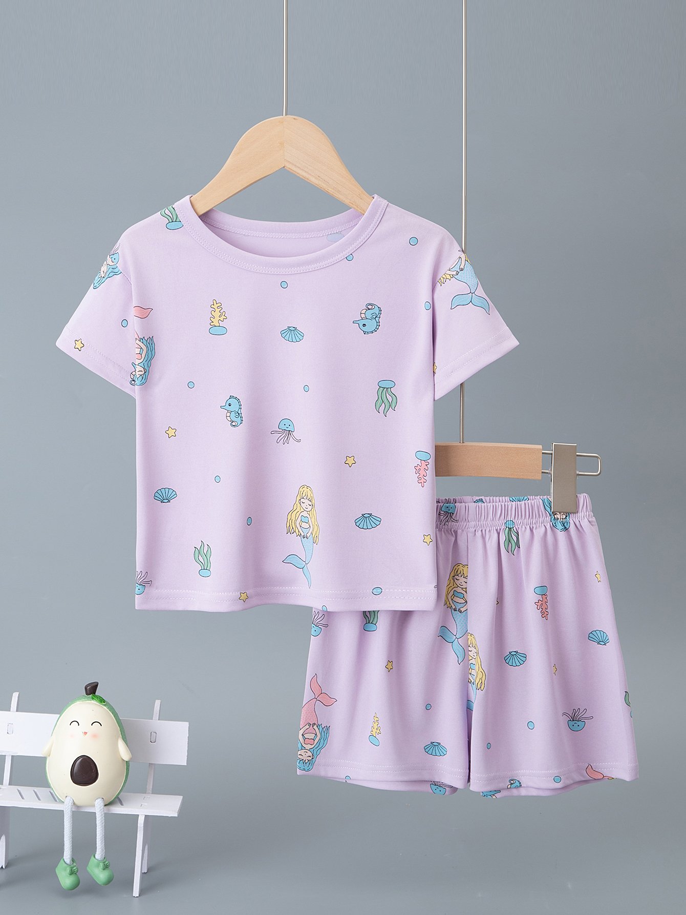 Girls Purple Mermaid Print Short Sleeve Pajama Set