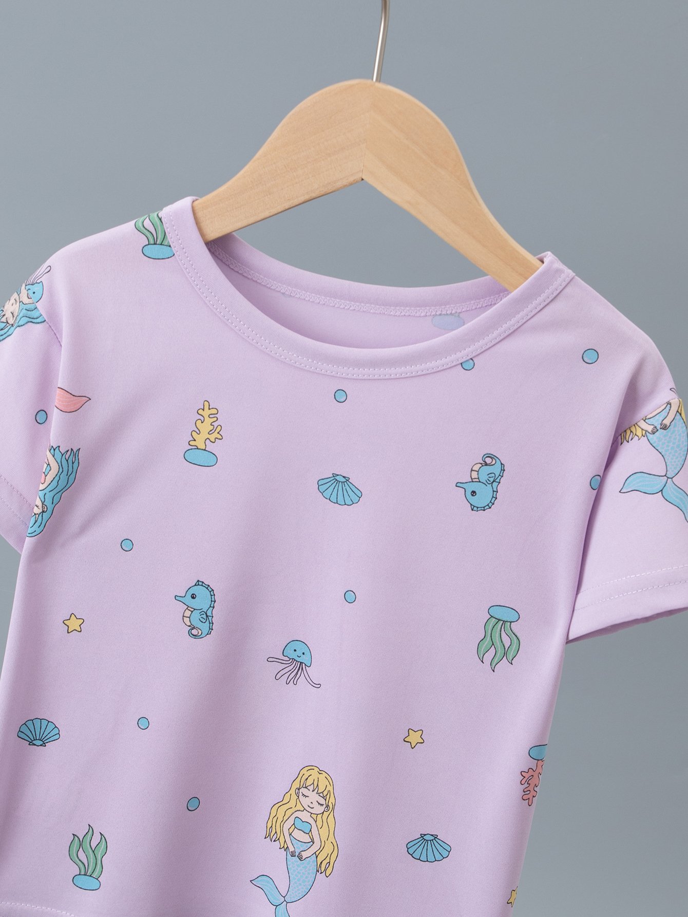 Girls Purple Mermaid Print Short Sleeve Pajama Set