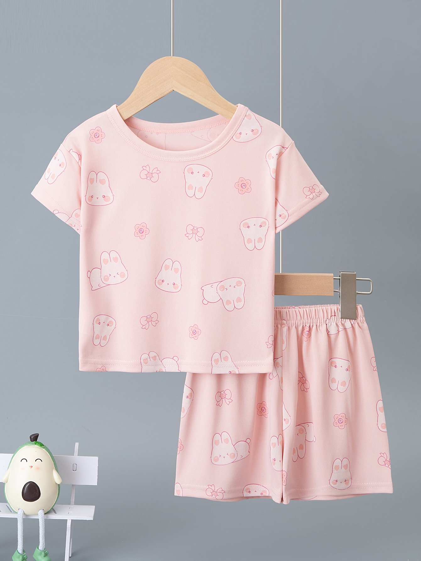 Girls Pink Bunny and Flower Print Short Sleeve Pyjama Set