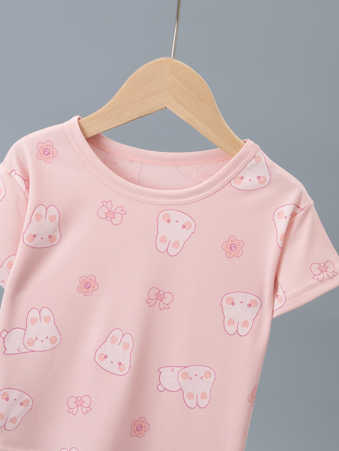 Girls Pink Bunny and Flower Print Short Sleeve Pyjama Set