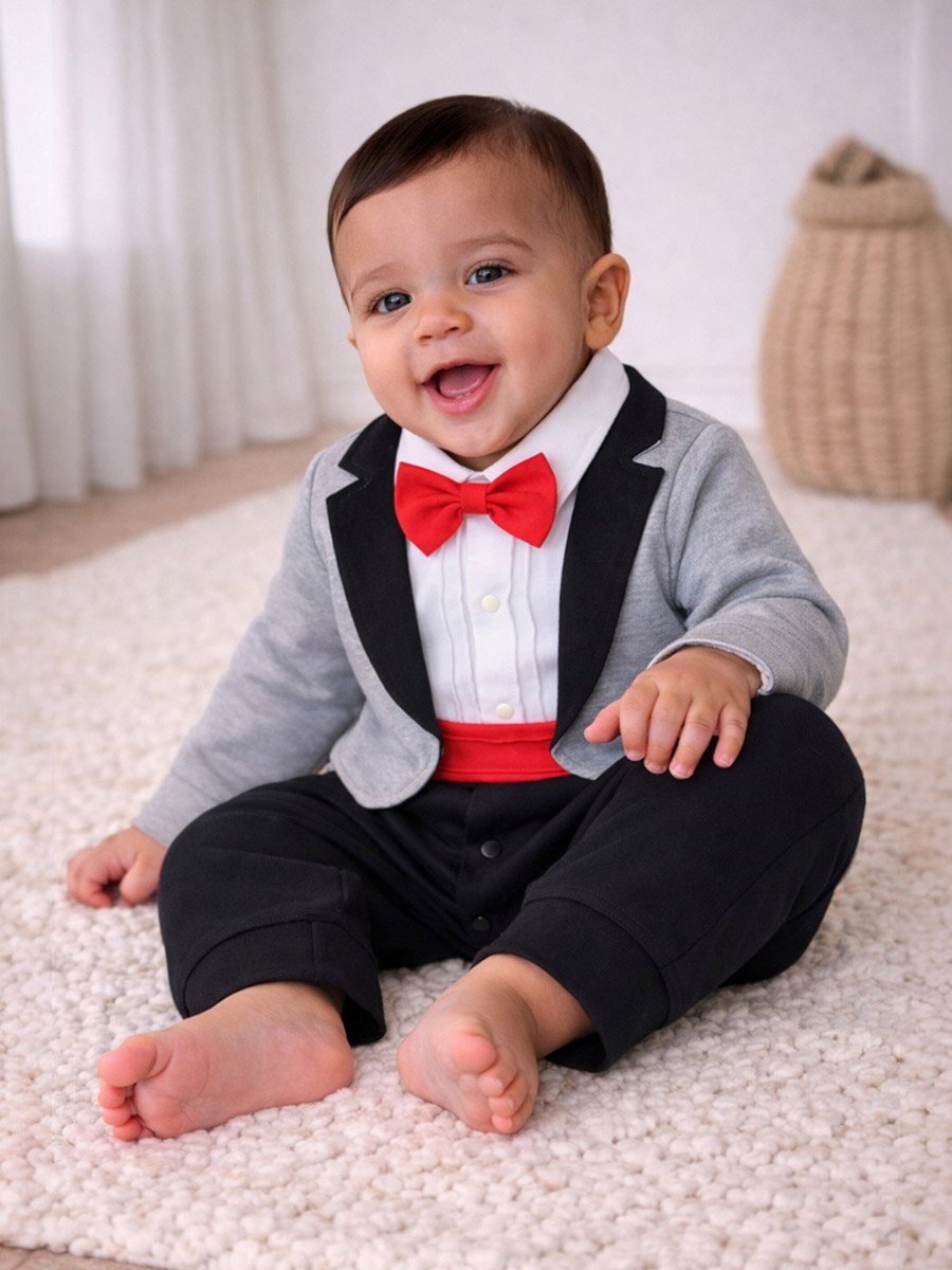 Baby Boys 3-Piece Tuxedo, Shirt and Bow Tie Mock Romper Set