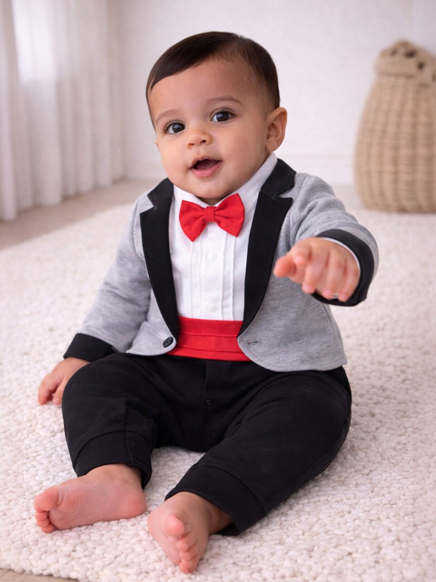 Baby Boys 3-Piece Tuxedo, Shirt and Bow Tie Mock Romper Set