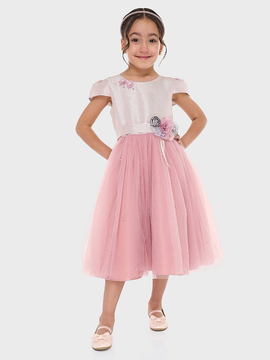 Girls Flower Applique Mesh Insert Festive Dress