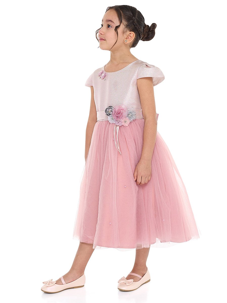 Girls Flower Applique Mesh Insert Festive Dress