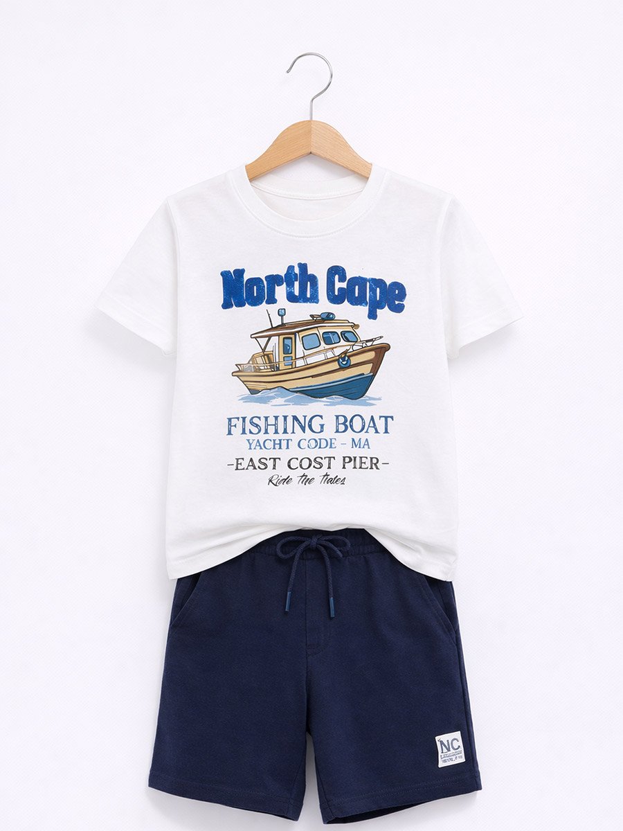 Boys Fishing Boat Print T-Shirt and Shorts Set