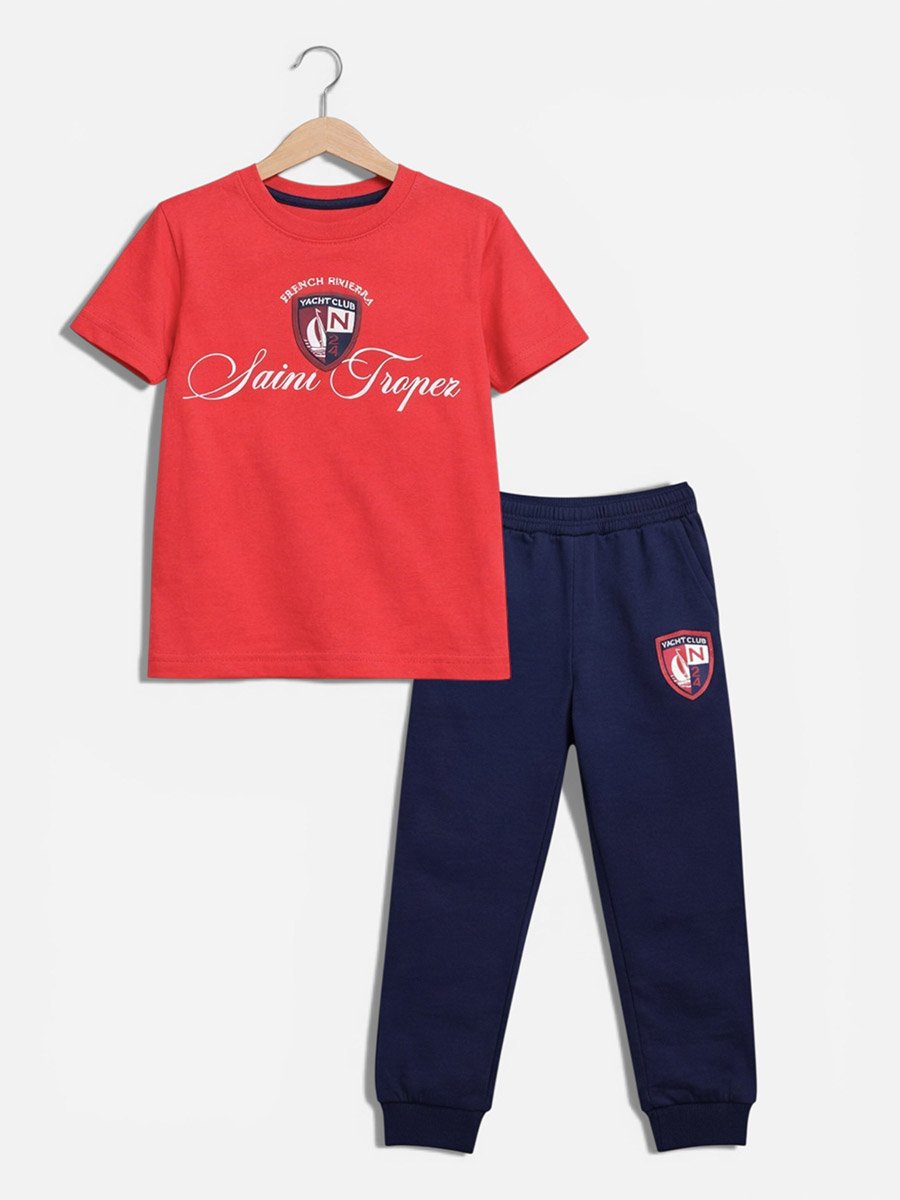 Boys Text Print T-Shirt and Terry Joggers Set