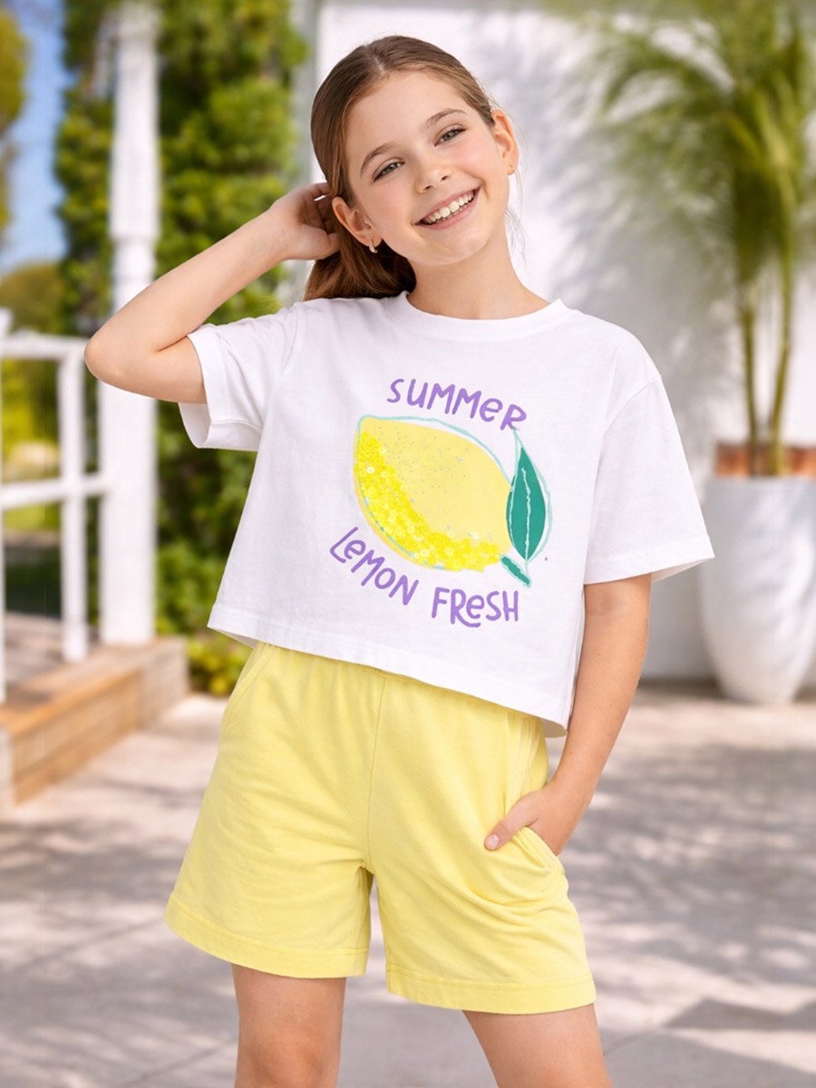 Girls Lemon Print Sequin T-Shirt and Shorts Set